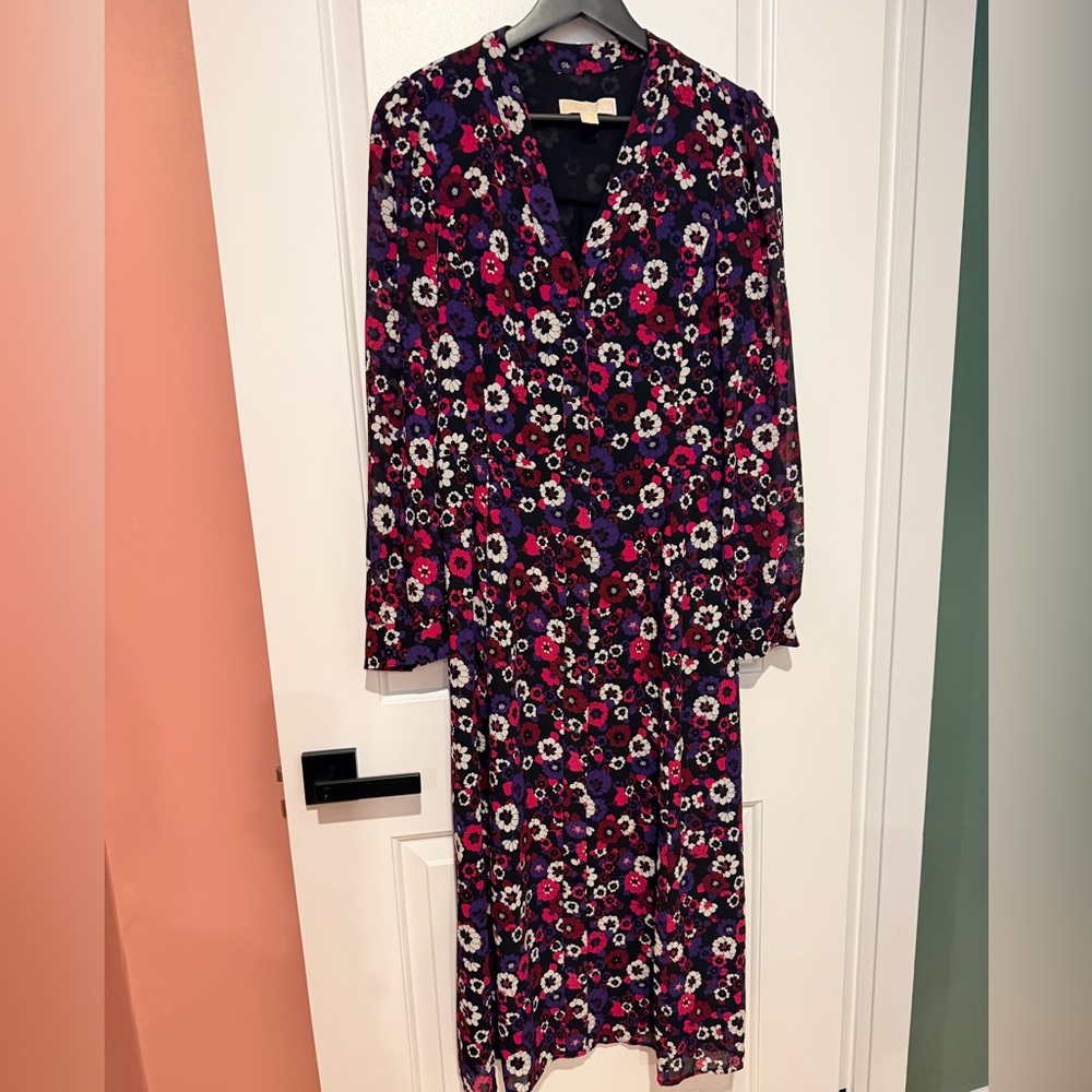 Michael Kors Long Floral V-Neck Maxi Dress in Pink and Purple